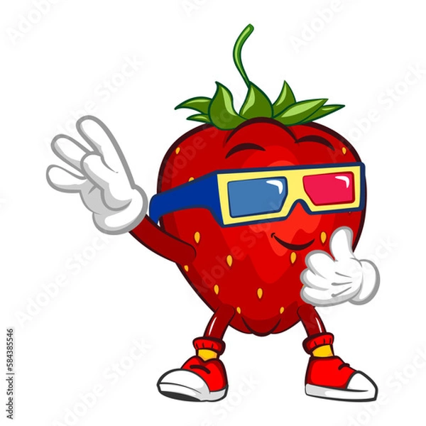 Fototapeta mascot character vector illustration of a strawberry wearing three dimensional glasses