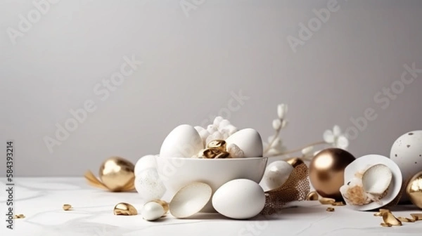 Fototapeta Happy Easter Luxury background with golden and white eggs. Empty advertising place. Generative AI