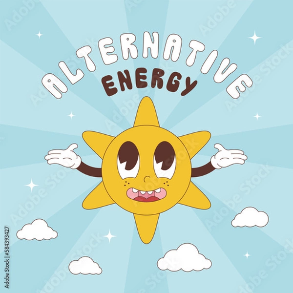 Fototapeta Retro cartoon sun mascot character. Groovy vector illustration with text alternative energy