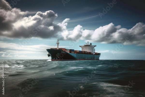 Obraz Container cargo freight ship in the ocean, front view. Generative AI