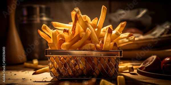 Fototapeta A basket of crispy, golden French fries generated by AI