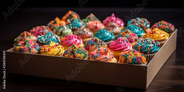 Obraz A box of cupcakes decorated with vibrant colors and colorful sprinkles generated by AI