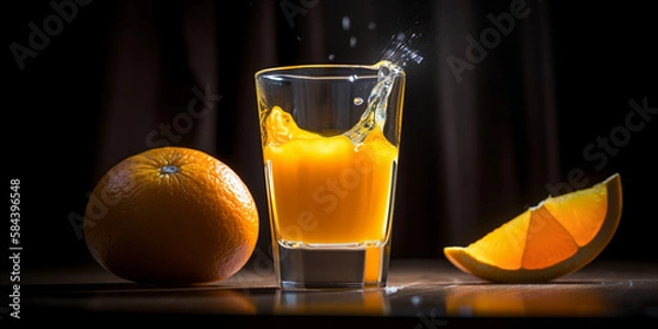 Fototapeta A glass of cold orange juice with a fresh orange slice on the rim generated by AI