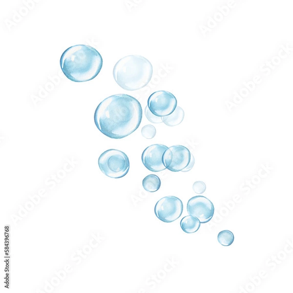 Fototapeta Many light blue bubbles, isolated against a white background. Watercolor illustration of a bubble in water. Round transparent air ball. Suitable for soap, shampoo, cosmetics, postcards, pack, design
