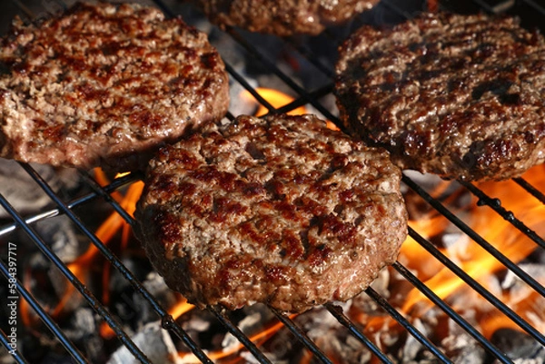 Obraz Beef burger for hamburger on barbecue flame grill