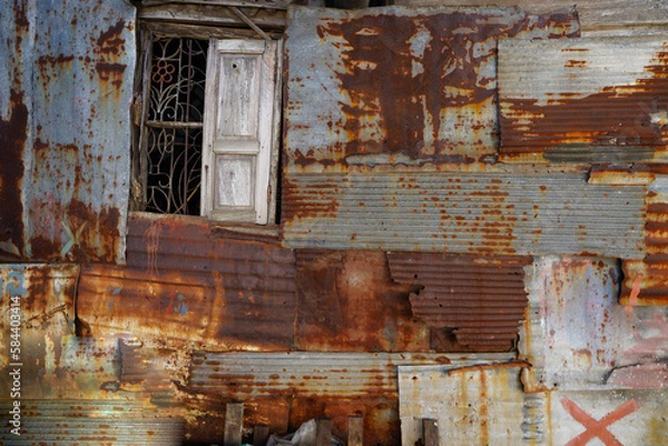 Fototapeta galvanized sheet metal backing antique windows, old wall, old window, texture, abstract.