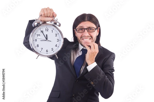 Fototapeta Young businessman with clock on white