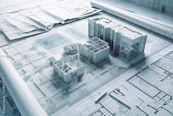 Obraz Blueprint for construction project rendered concept. - Generative Ai. -  engineering, design, plan, blueprint, building, structure, development, construction site, construction worker, crane.