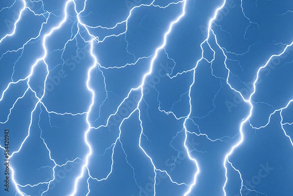 Fototapeta Seamless texture of many Lightning flashes in the night blue sky. Lightning bolts, thunderbolts. Generative AI.