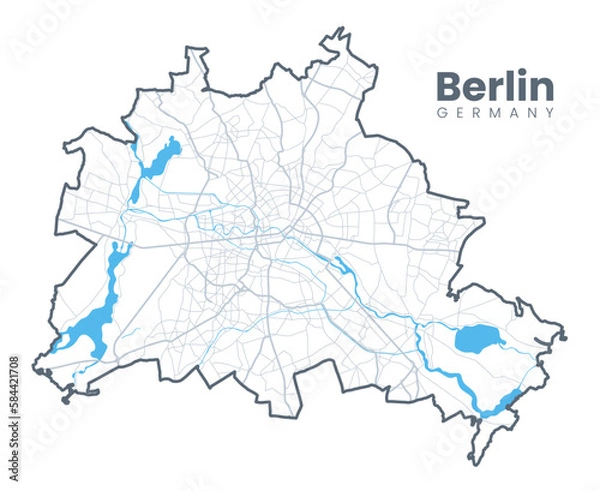 Fototapeta Detailed map of Berlin - the capital of Germany - Urban borders map. Light stroke version of City poster with streets.