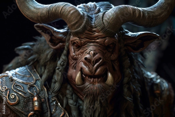 Fototapeta Minotaur mythological bull man with big horns, creature from legends. AI generated.
