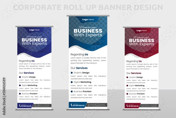Fototapeta Modern roll up banner template for the exhibition, Corporate Business stand, editable roll up banner vector template, Vertical roll up, x-stand, exhibition display, Retractable banner stand set