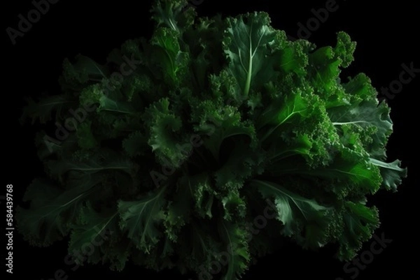 Fototapeta  a close up of a bunch of green leafy vegetables on a black background with a black background behind the head of broccoli.  generative ai
