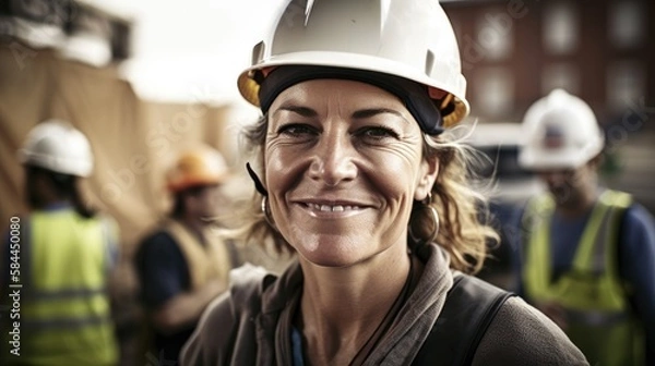 Fototapeta woman working on a construction site, construction hard hat and work vest, smiling, middle aged or older, Generative AI