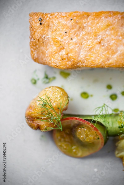 Obraz fine dining dinner with fish and vegetables