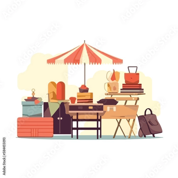Fototapeta Flea market or second hand store. Reusable clothes and sustainable living concept. Flat vector illustration. Generative AI