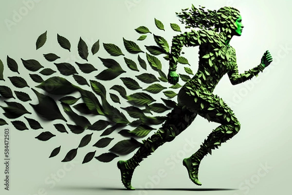 Fototapeta Sustainability and environmental Concept, nature, ecological activism and green economy on the rise, silhouette of woman running made of green leaves leaving a trail of leaves behind, generative AI