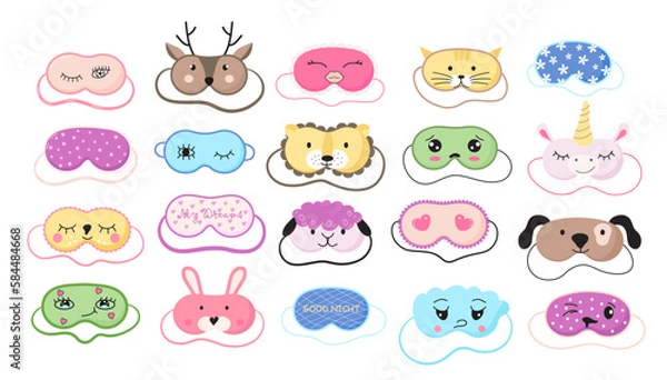 Fototapeta Cute masks for dreaming set vector. Rest relax accessories for night collection. Sleepy mask with eyes, animals face and smiles.