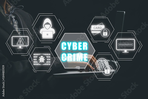 Fototapeta Cyber crime concept, Person hand typing on keyboard computer with cyber crime icon on virtual screen, Big data personal information safety technology concept.