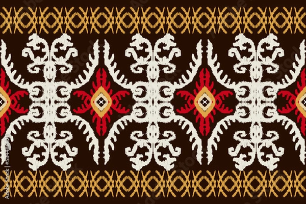 Fototapeta abstract ikat art seamless pattern folk embroidery on a brown background aztec geometric art print design for rugs, wallpapers, clothing, wraps, fabrics, covers, textiles
