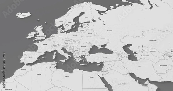 Obraz 3d map of Europe with borders on the gray background. Political map of Europe with names of the countries. North Africa and Middle East political map. 3D illustration.