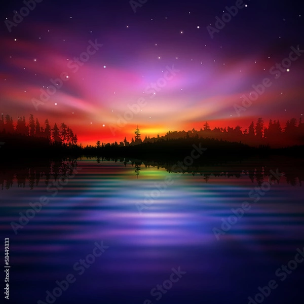 Obraz abstract background with forest lake and sunrise