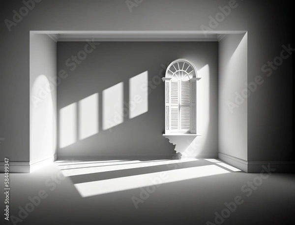 Fototapeta Empty white interior with the random shadow of a window. Abstract window overlay shadow sunlight. Realistic 3D illustration. Based on Generative AI
