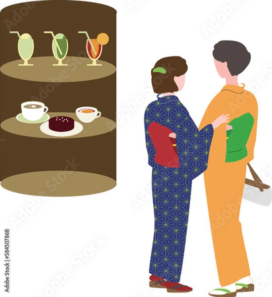 Obraz 喫茶店の前の着物姿の母娘のベクターイラスト