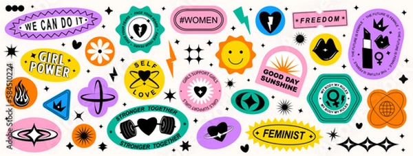 Obraz Set Collection of elements patches, labels, tags, stickers, and stamps. Self-love, girl power, female, feminist, girls support girls. Vector set, trendy	