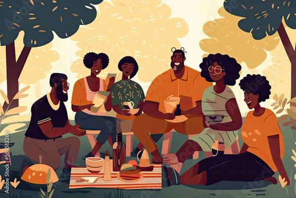 Fototapeta A Black Multigenerational Family and Friends Enjoy a Picnic Together Outside
