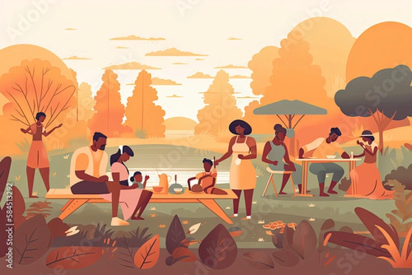 Fototapeta A Black Multigenerational Family and Friends Enjoy a Picnic Together Outside