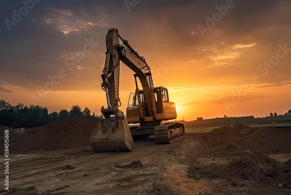 Fototapeta Excavator in construction site on sunset sky