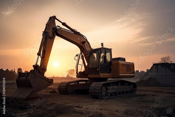 Fototapeta Excavator in construction site on sunset sky