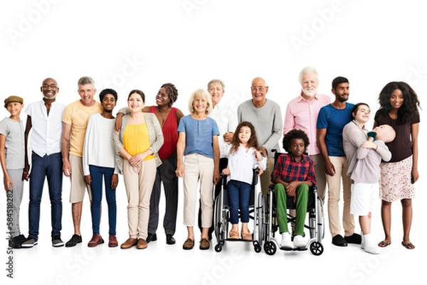 Fototapeta Socially diverse multicultural and multiracial people on an isolated white background