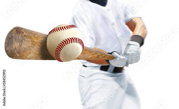 Fototapeta Baseball player hitting ball with bat in close up