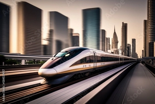 Fototapeta A high-speed bullet train speeding through a modern city skyline: This photo could show a sleek and modern bullet train whizzing past skyscrapers and other urban landmarks. Generative AI