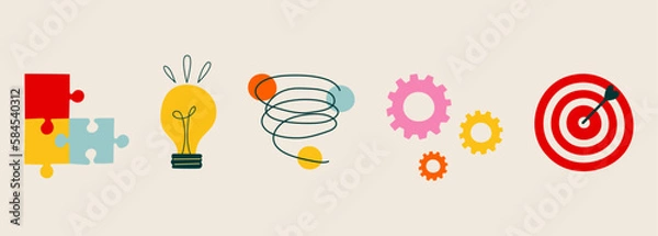 Fototapeta The concept of finding great ideas. Hand-drawn isolated illustrations on the topic of new ideas and thoughts. Creativity and inspiration in a modern style. A light bulb, a puzzle, gears, a symbol 