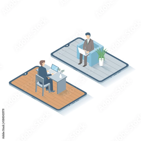 Obraz リモートワークをするビジネスマン　アイソメトリック