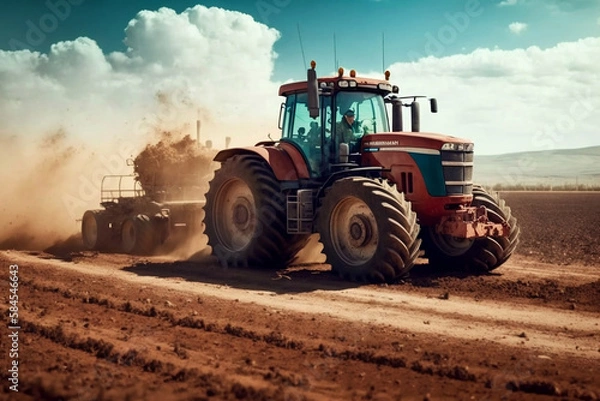 Fototapeta Tractor on the barley field, generative ai