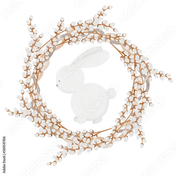 Obraz Watercolor willow wreath with cute bunny on a white
background, hand drawn illustration, print design
