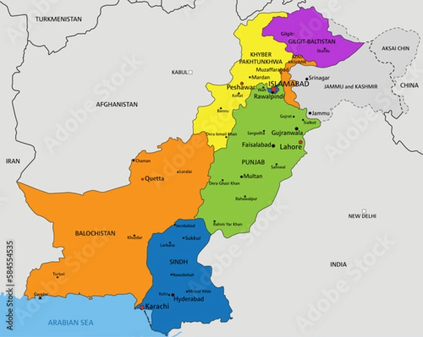 Fototapeta Colorful Pakistan political map with clearly labeled, separated layers. Vector illustration.