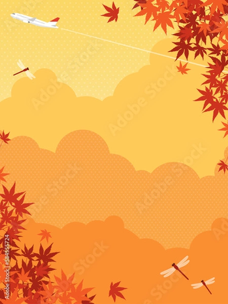 Obraz 秋の紅葉と飛行機、赤とんぼの飛ぶ風景　背景素材（縦向き）