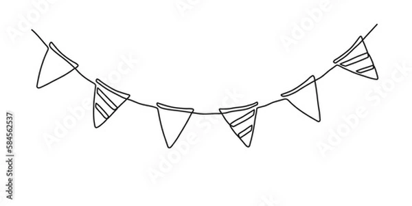 Fototapeta Continuous one line drawing garland. Hand drawn buntings on white or transparent background. Holiday decoration for celebration birthday, carnival, party and festival in linear style. Png, vector