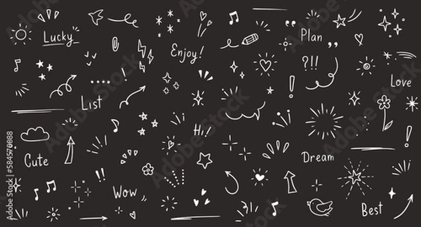 Fototapeta Doodle cute glitter pen line elements. Doodle heart, arrow, star, sparkle decoration symbol set icon. Simple sketch line style emphasis, attention, pattern elements. Vector illustration.