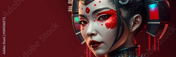 Fototapeta Geisha meets cyberpunk in stunning red portrait. Generative AI