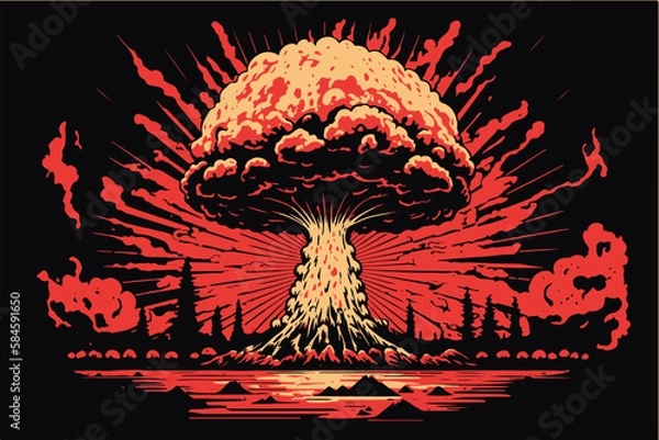 Obraz Nuclear explosion. Vector art of the atomic bomb. Huge mushroom cloud. Explosive destruction. Toxic radioactivity.Fear of nuclear war. Catastrophic event. World war. Nagazaki town. Horro history.