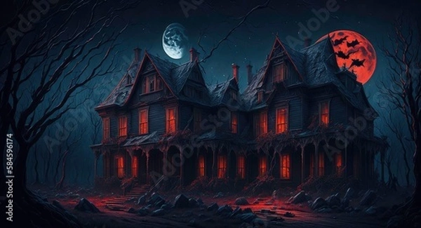 Obraz A dark Halloween scary house in the night forest and a big scary moon, concept art, background illustration