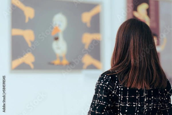 Obraz Woman Looking at a Painting in an Art Gallery. Art critic visiting an exhibition checking modern satirical illustrations 