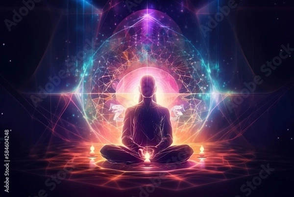 Obraz Eine Person in einer meditativen Pose auf einer Yoga-Matte mit geschlossenen Augen und symbolischen Elementen im Hintergrund, was die Verbindung von Yoga und Esoterik darstellt. (Generative AI)