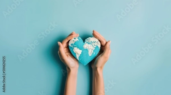 Fototapeta Female hands, painted in the world map, forming heart shape isolated on blue background. Generative AI